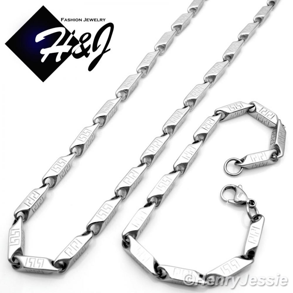 24"MEN Stainless Steel 6mm Silver Greek Key Arrow Bullet Chain Necklace Bracelet