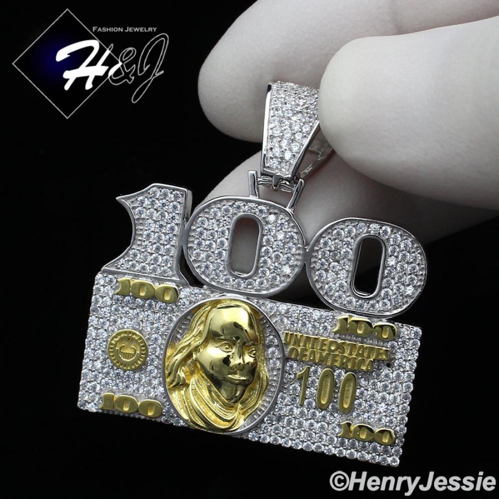 MEN 925 STERLING SILVER LAB DIAMOND ICED BLING 100 DOLLAR BILL PENDANT*SP227