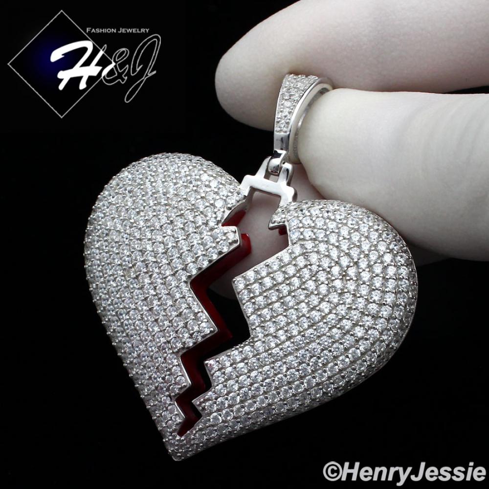 MEN 925 STERLING SILVER LAB DIAMOND ICED BLING BROKEN HEART PENDANT*SP235