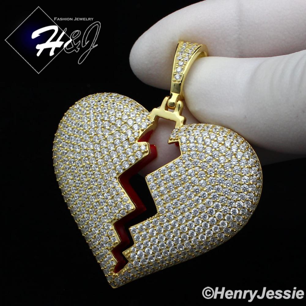 MEN 925 STERLING SILVER LAB DIAMOND ICED BLING GOLD BROKEN HEART PENDANT*GP235