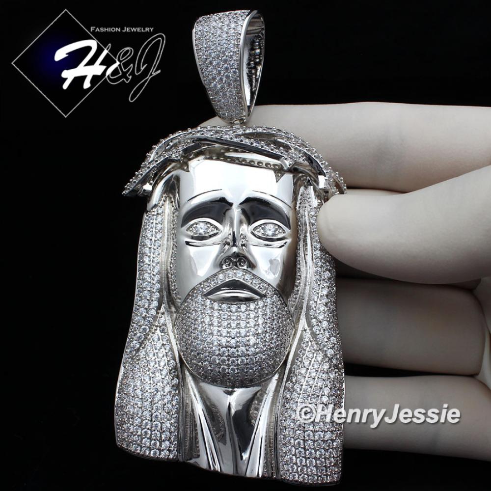 MEN 14K WHITE GOLD FINISH ICED BLING OVERSIZE SILVER JESUS FACE PENDANT*BP4