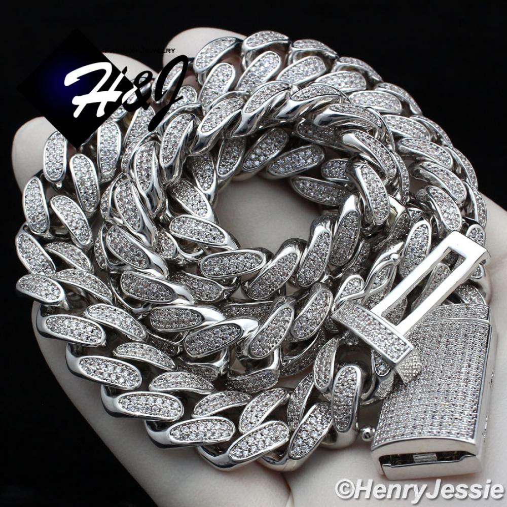 18"-24"MEN 14K WHITE GOLD FINISH 12MM SILVER ICED BLING MIAMI CUBAN CURB CHAIN NECKLACE*BN4