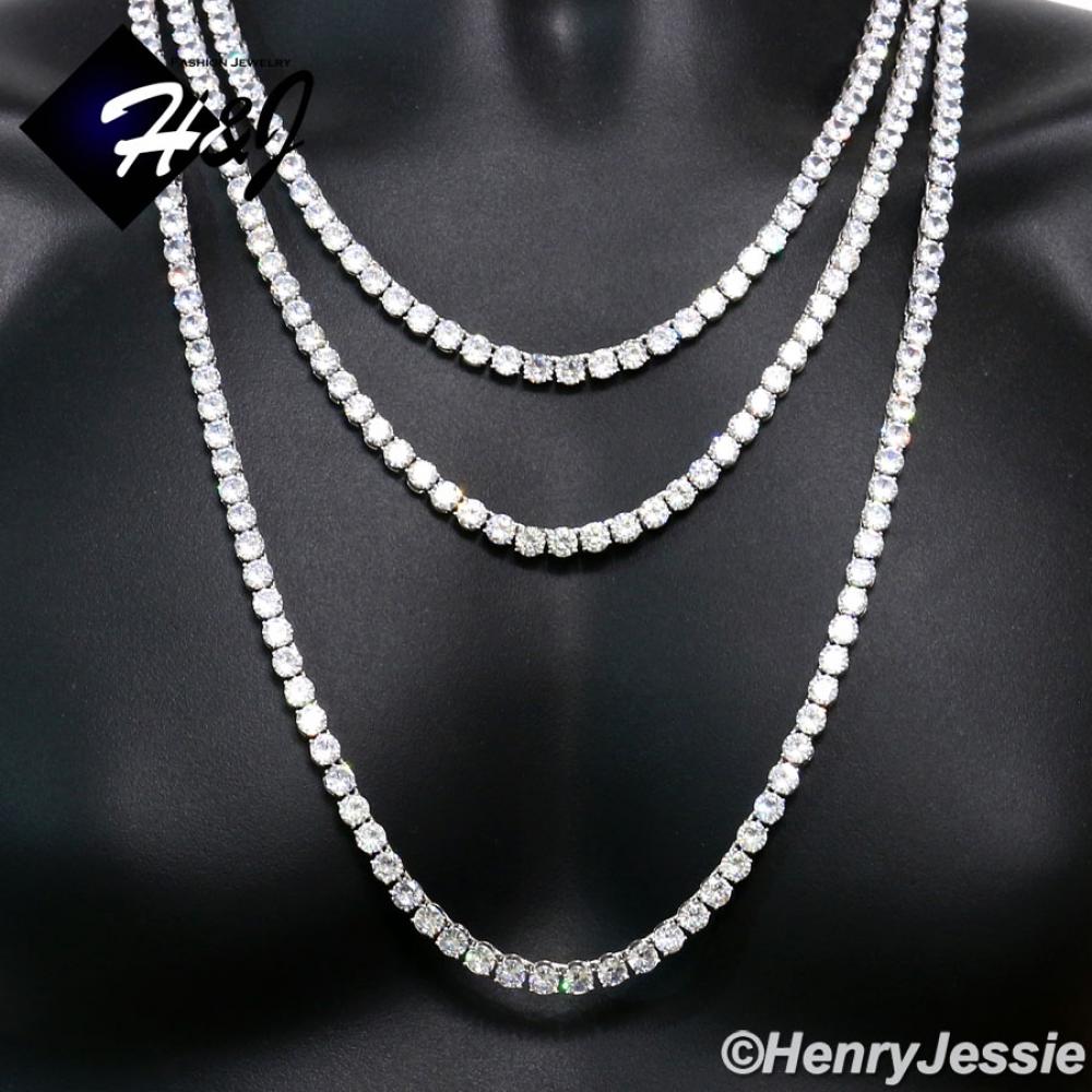 20"24”30"MEN 14K WHITE GOLD FINISH 6MM SILVER ICED BLING 1 ROW TENNIS CHAIN NECKLACE*BN3
