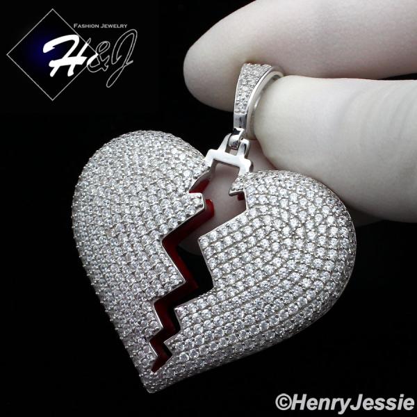 MEN 925 STERLING SILVER LAB DIAMOND ICED BLING BROKEN HEART PENDANT*SP235