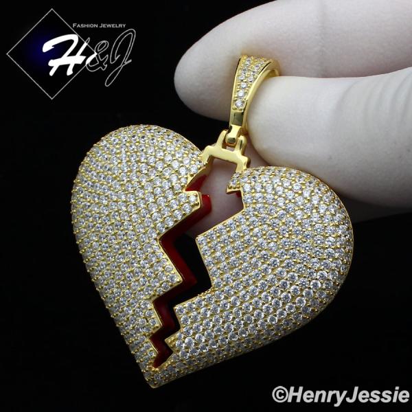 MEN 925 STERLING SILVER LAB DIAMOND ICED BLING GOLD BROKEN HEART PENDANT*GP235