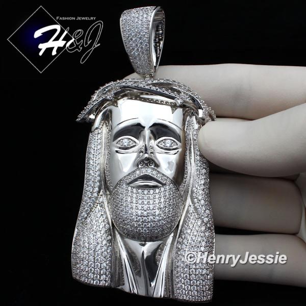 MEN 14K WHITE GOLD FINISH ICED BLING OVERSIZE SILVER JESUS FACE PENDANT*BP4