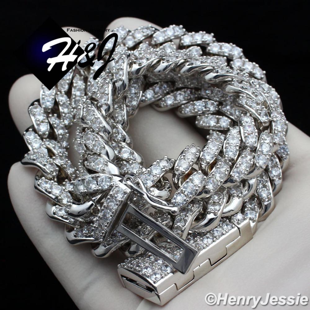18"-24"MEN 14K WHITE GOLD FINISH 12MM SILVER ICED BLING PRONG SET CUBAN CURB CHAIN NECKLACE*BN5