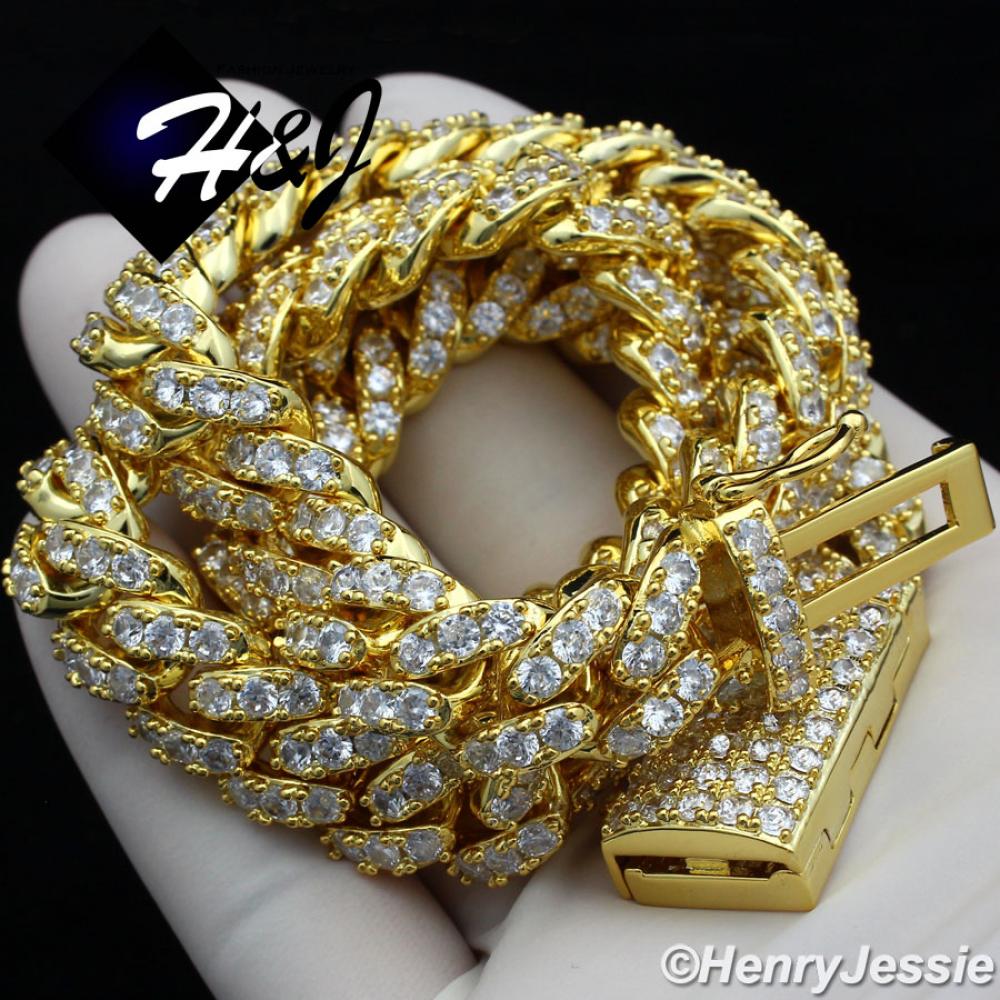 18"-24"MEN 14K GOLD FINISH 12MM GOLD ICED BLING PRONG SET CUBAN CURB CHAIN NECKLACE*BGN5