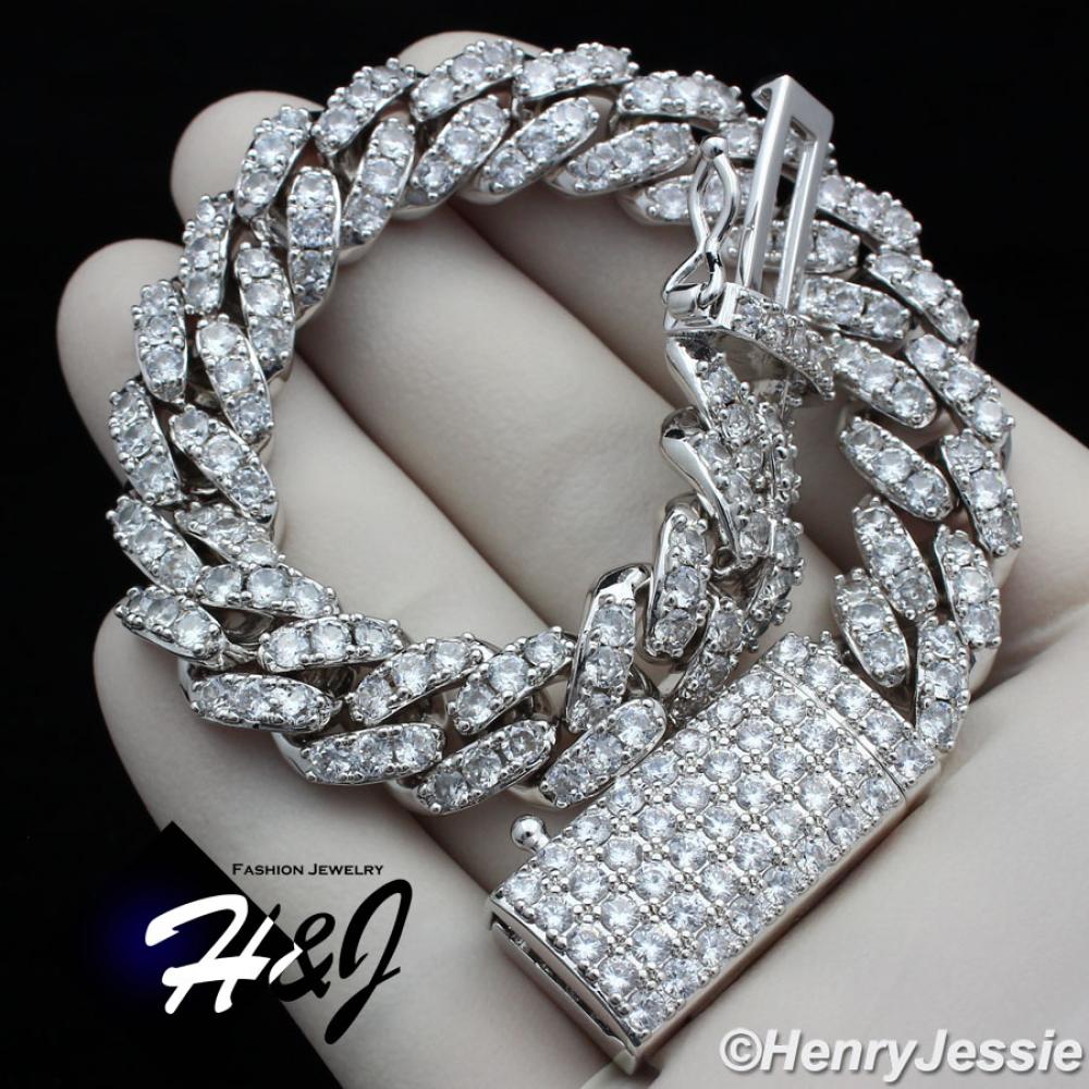 8.5"MEN 14K WHITE GOLD FINISH 12MM ICED BLING SILVER PRONG SET CUBAN CHAIN BRACELET*BB5