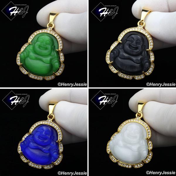 MEN Stainless Steel Jade/Onyx/Blue/Pink/White Gemstone Gold ICED Buddha Pendant*GP117