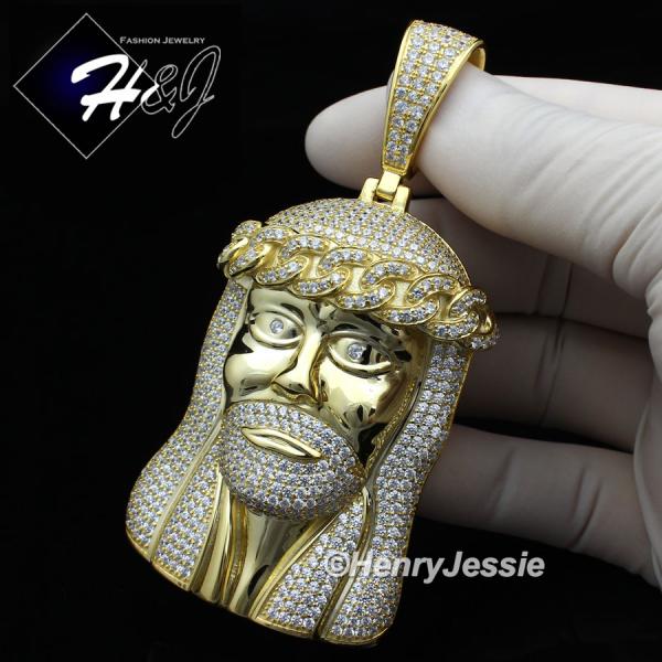 MEN 925 STERLING SILVER LAB DIAMOND ICED BLING BIG GOLD JESUS FACE CHARM PENDANT*GP242