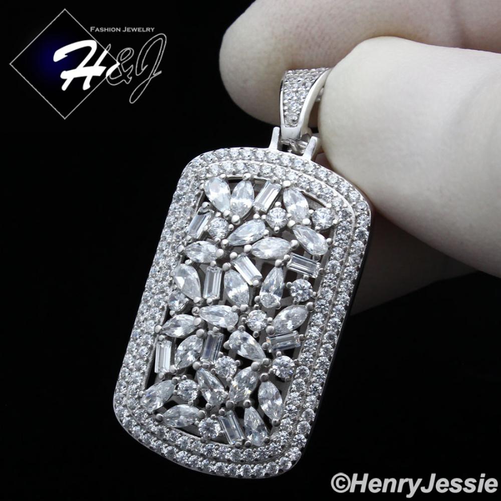 MEN 925 STERLING SILVER BAGUETTE LAB DIAMOND ICED BLING DOG TAG PENDANT*SP251