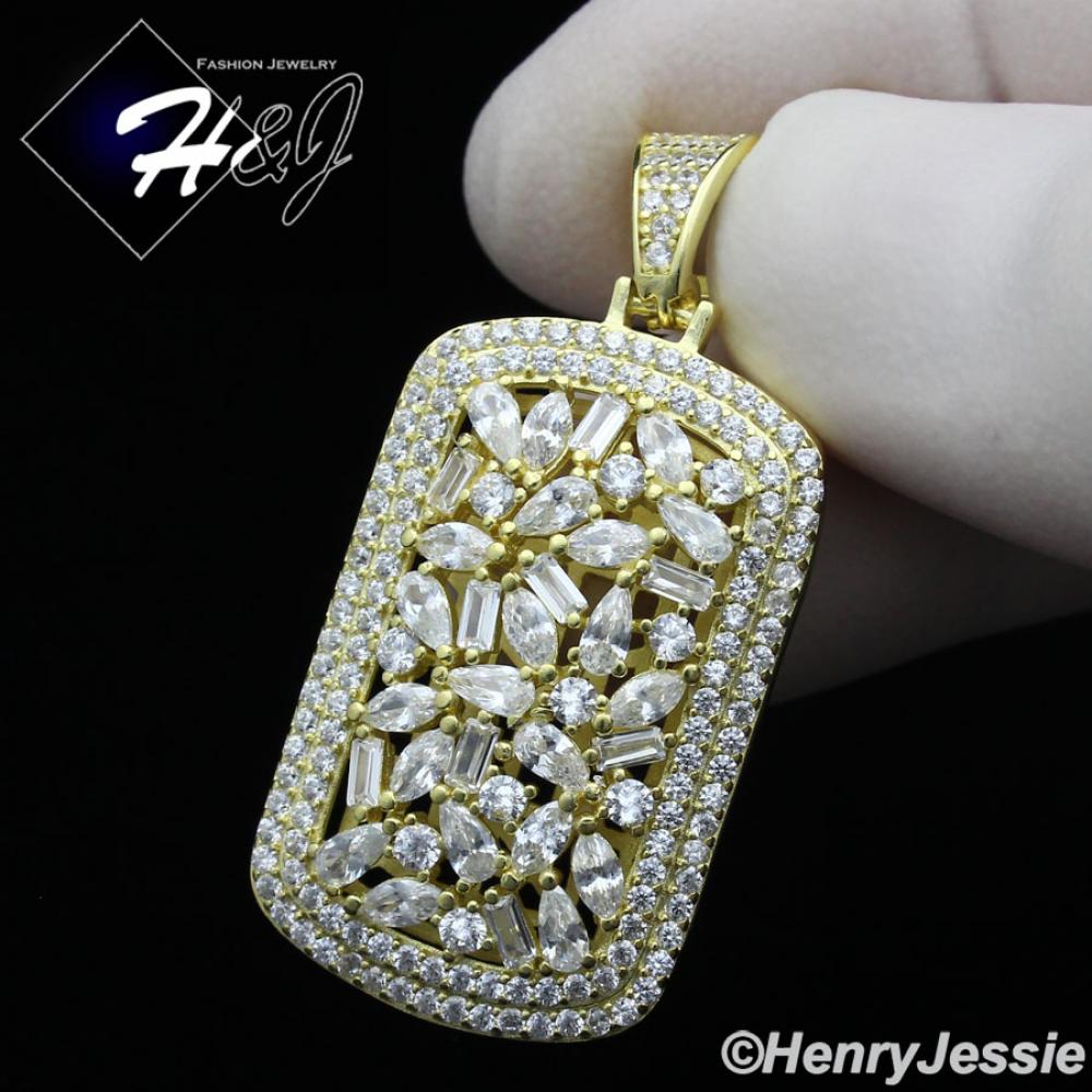 MEN 925 STERLING SILVER BAGUETTE LAB DIAMOND ICED BLING GOLD DOG TAG PENDANT*GP251