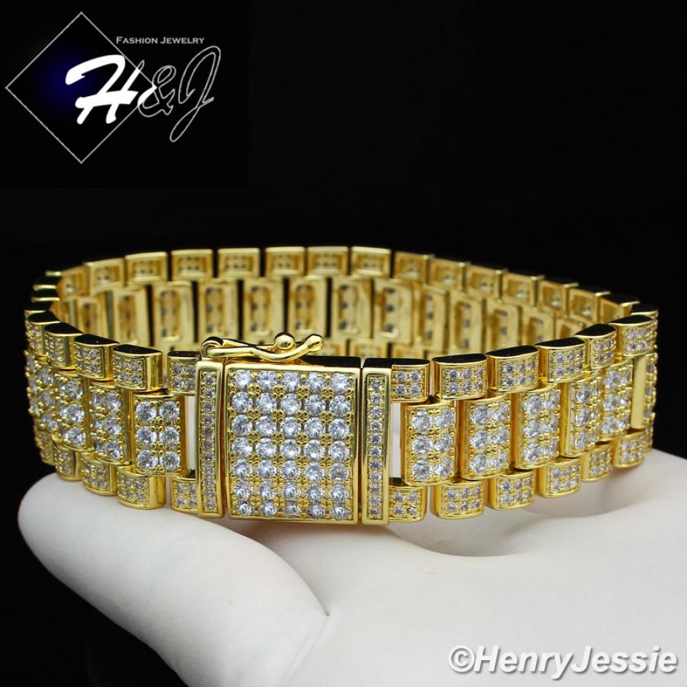 8.5"MEN 14K GOLD FINISH 18MM FULL LAB DIAMOND ICED BLING GOLD WATCH BAND LINK BRACELET*BGB6