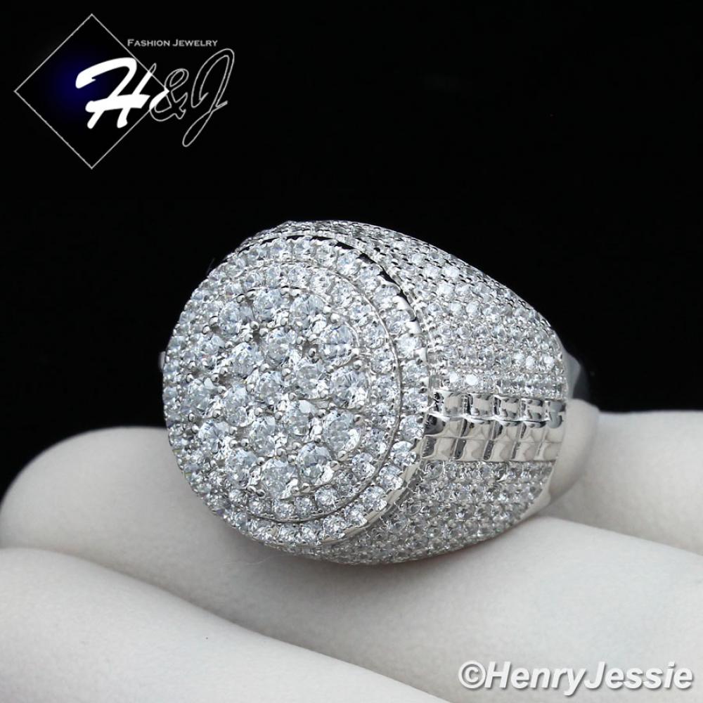 MEN 925 STERLING SILVER LAB DIAMOND ICED BLING ROUND BLING RING*SR99