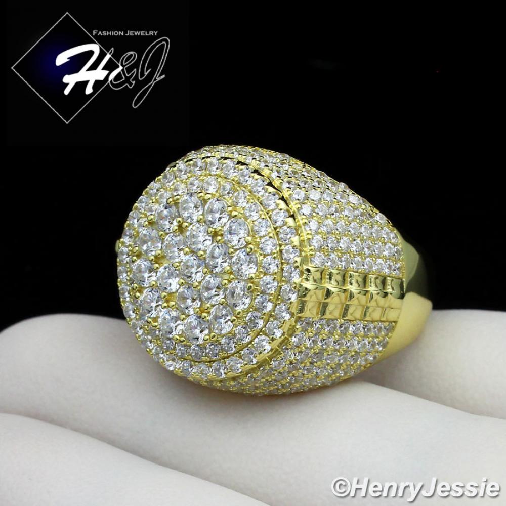 MEN 925 STERLING SILVER LAB DIAMOND ICED BLING ROUND BLING GOLD RING*GR99