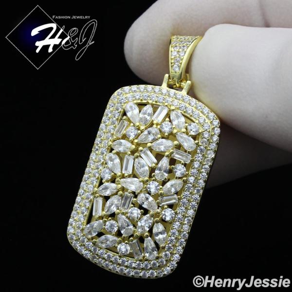 MEN 925 STERLING SILVER BAGUETTE LAB DIAMOND ICED BLING GOLD DOG TAG PENDANT*GP251
