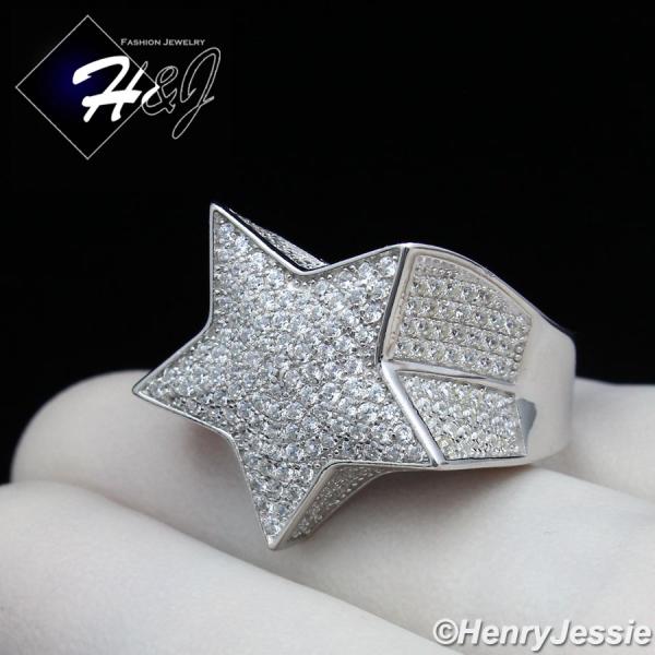 MEN 925 STERLING SILVER LAB DIAMOND ICED BLING 3D STAR RING*SR107