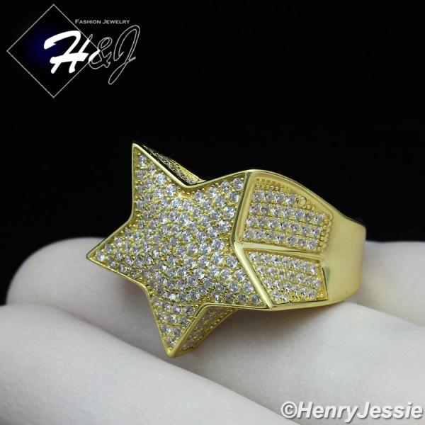 MEN 925 STERLING SILVER LAB DIAMOND ICED BLING GOLD 3D STAR RING*GR107