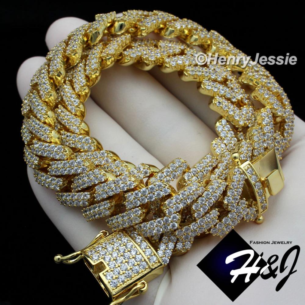 16"-30"MEN 14K GOLD FINISH 14MM GOLD LAB DIAMOND ICED BLING MIAMI CUBAN CURB LINK CHAIN NECKLACE*BGN6