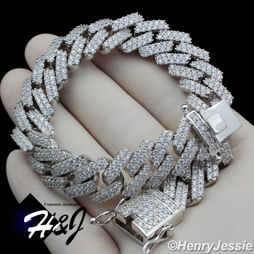 8.5"MEN 14K WHITE GOLD FINISH 14MM LAB DIAMOND ICED BLING SILVER MIAMI CUBAN CHAIN BRACELET*BNB6