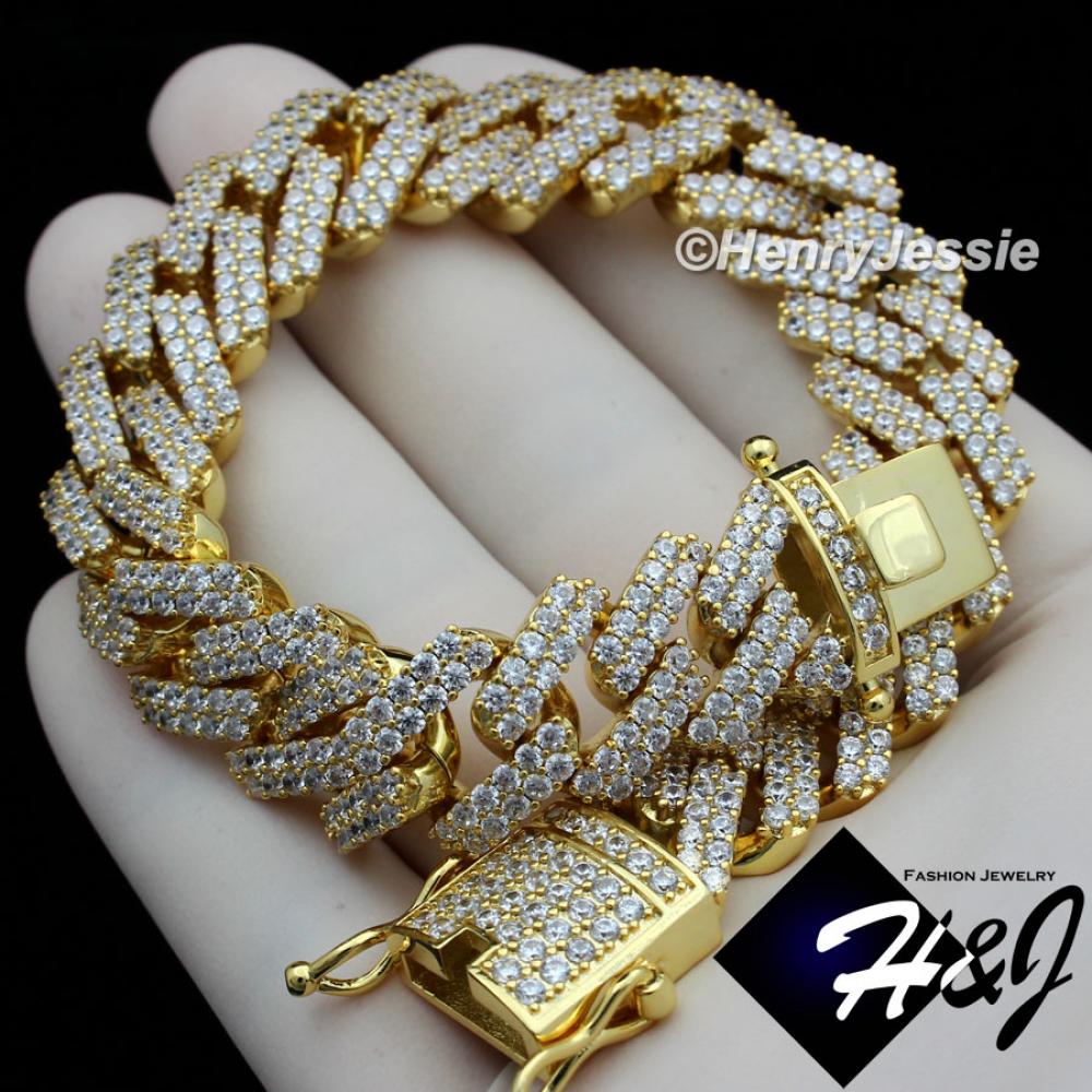 8.5"MEN 14K GOLD FINISH 14MM LAB DIAMOND ICED BLING GOLD MIAMI CUBAN CHAIN BRACELET*BGNB6