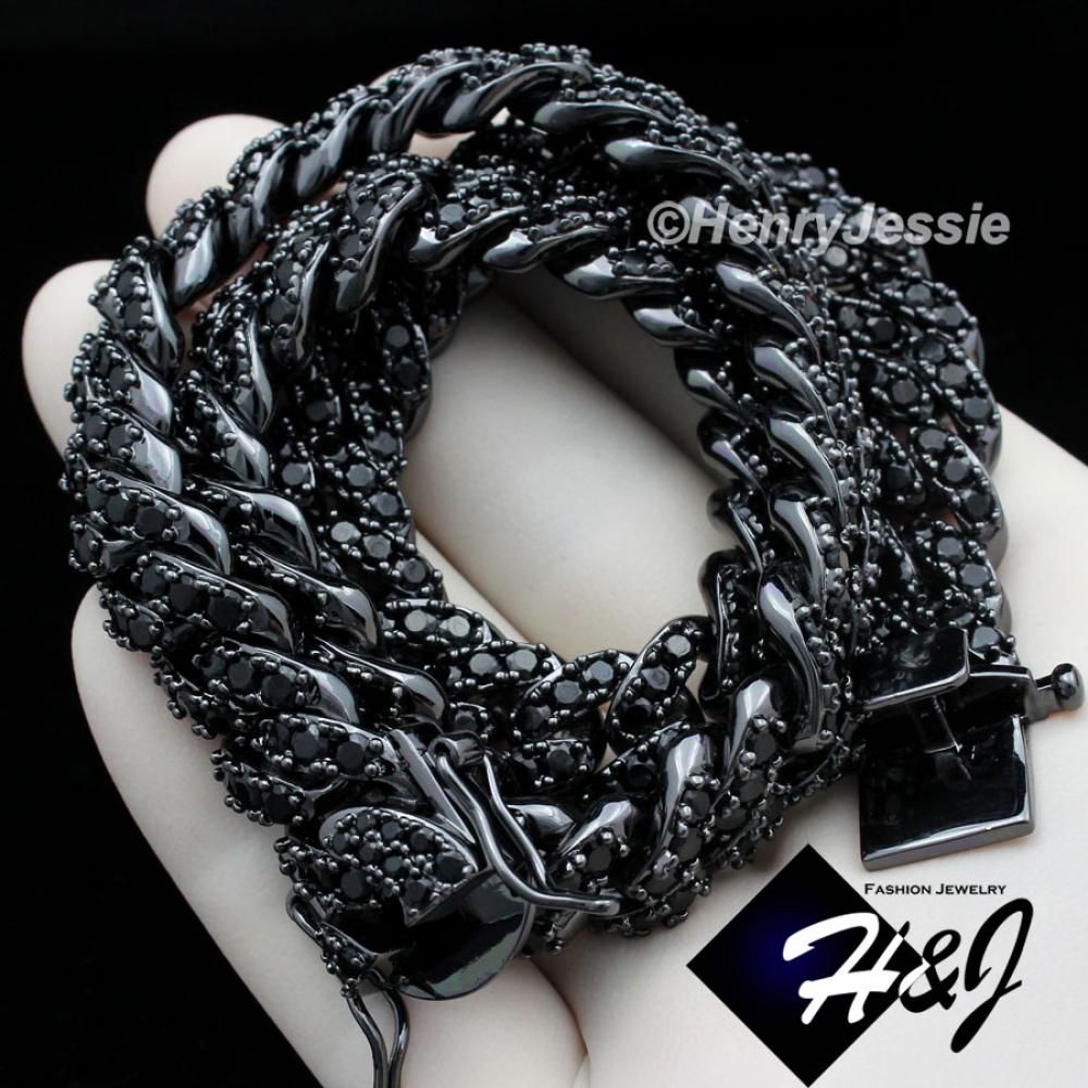 18"20"24"MEN 14K BLACK GOLD FINISH 12MM BLACK ICED BLING PRONG SET CUBAN CURB CHAIN NECKLACE*BN7