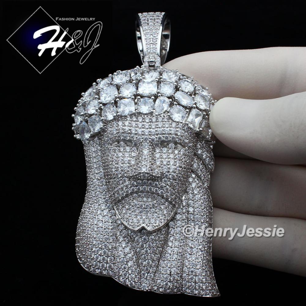 MEN 14K WHITE GOLD FINISH FULL LAB DIAMOND OVERSIZE ICED SILVER 3D JESUS FACE PENDANT*BP7