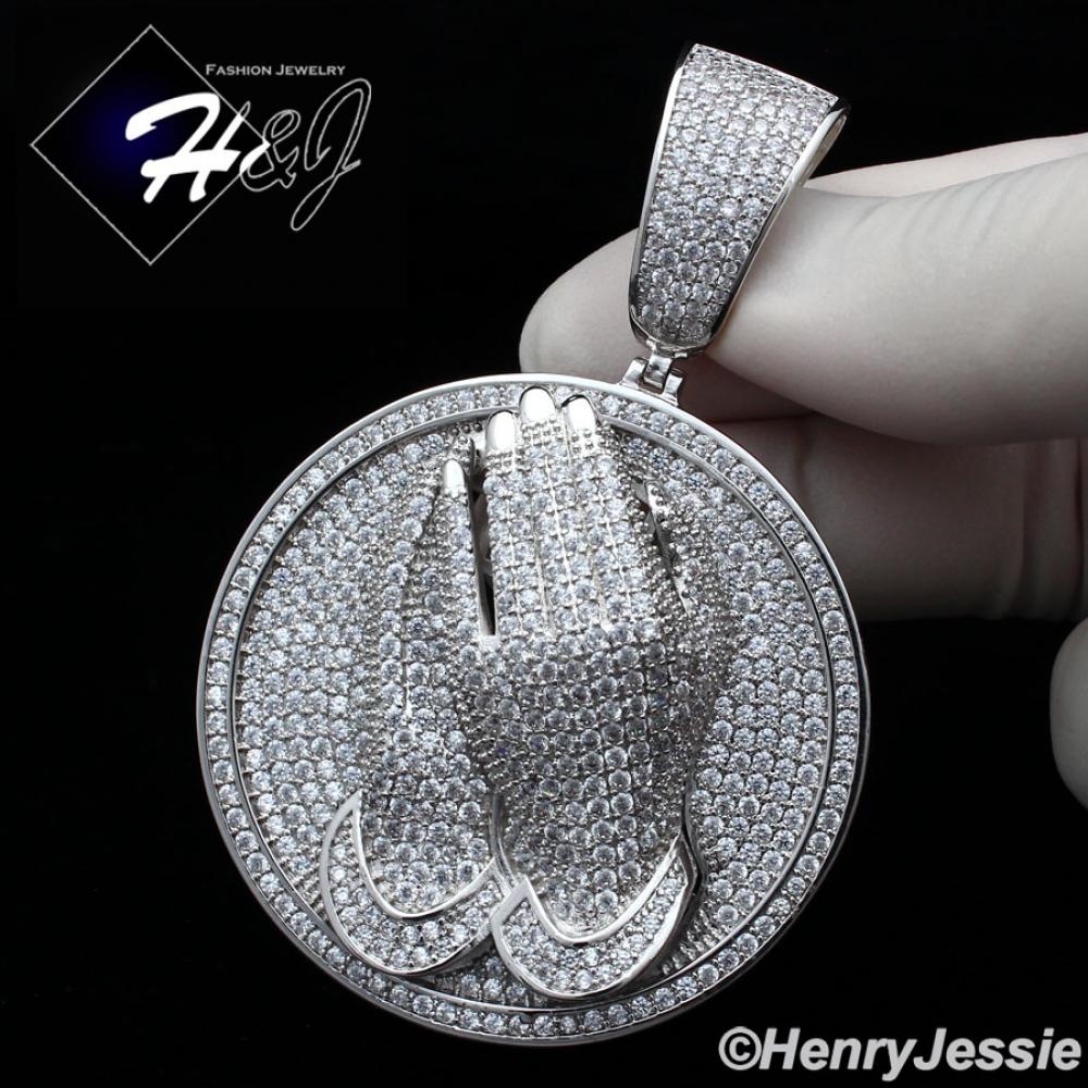 MEN 14K WHITE GOLD FINISH LAB DIAMOND OVERSIZE ICED SILVER PRAYING HANDS ROUND PENDANT*BP9