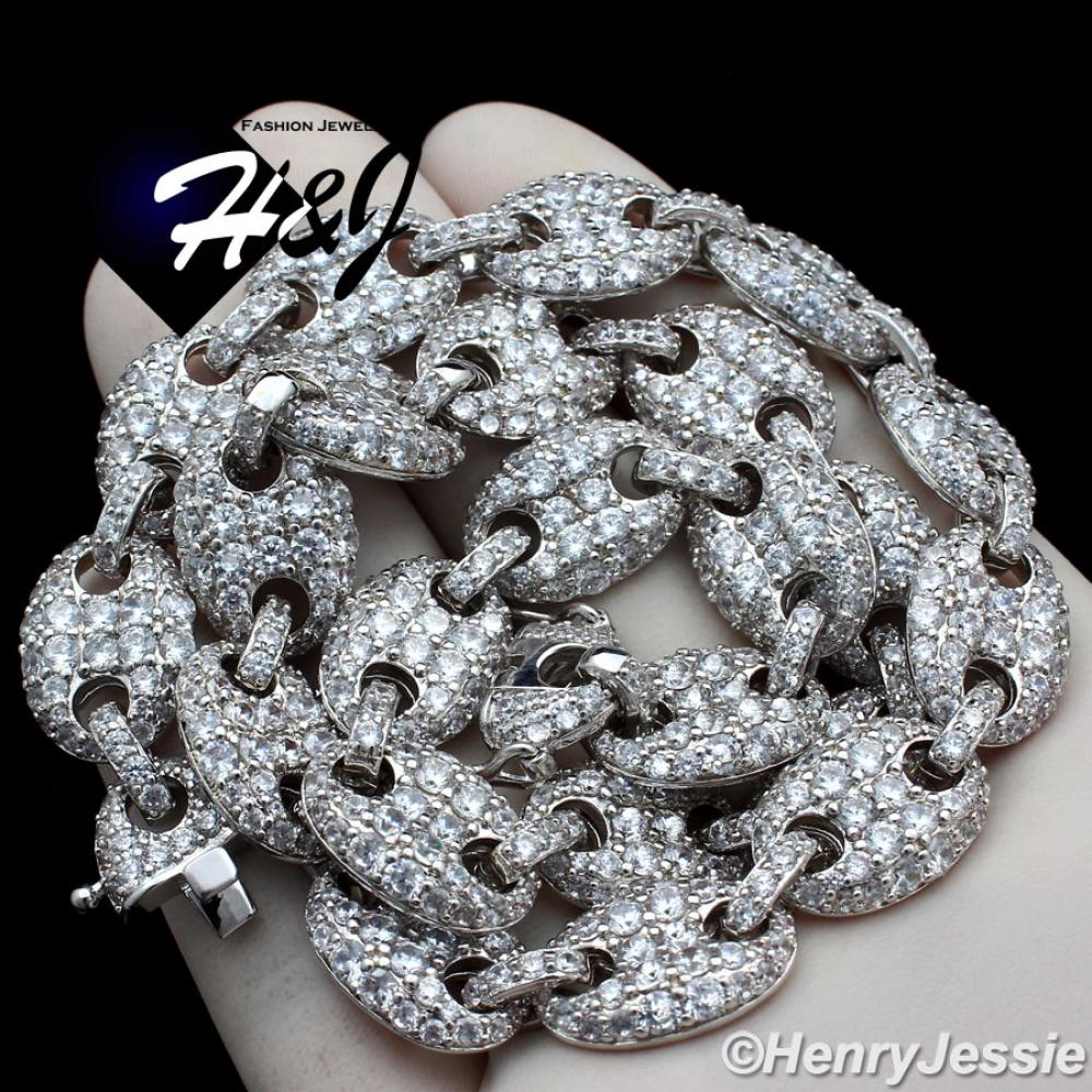 18-24"MEN 14K WHITE GOLD FINISH 12MM LAB DIAMOND ICED MARINER GUCCI LINK NECKLACE*BN8