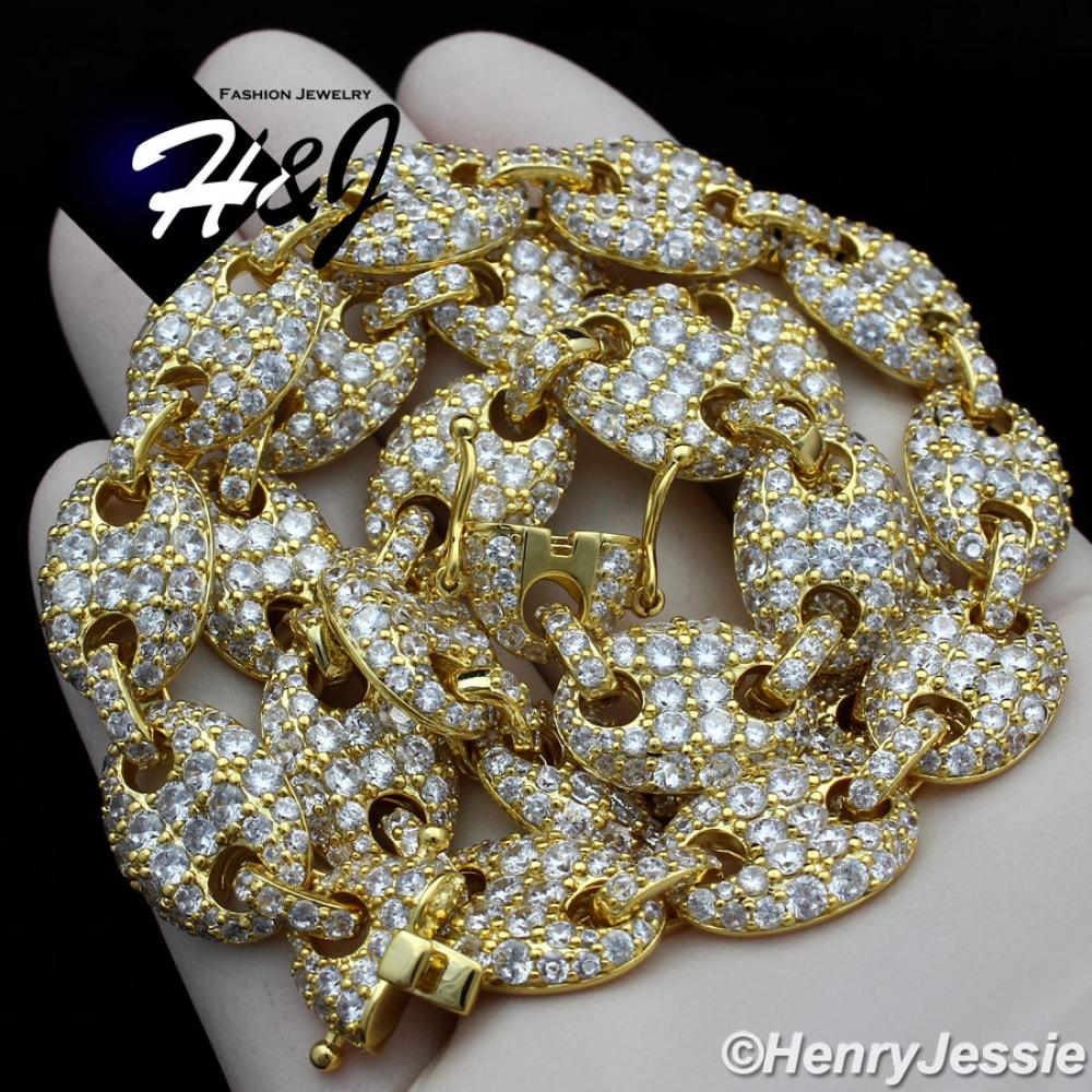 18-24"MEN 14K GOLD FINISH 12MM LAB DIAMOND GOLD ICED MARINER GUCCI LINK NECKLACE*BGN8