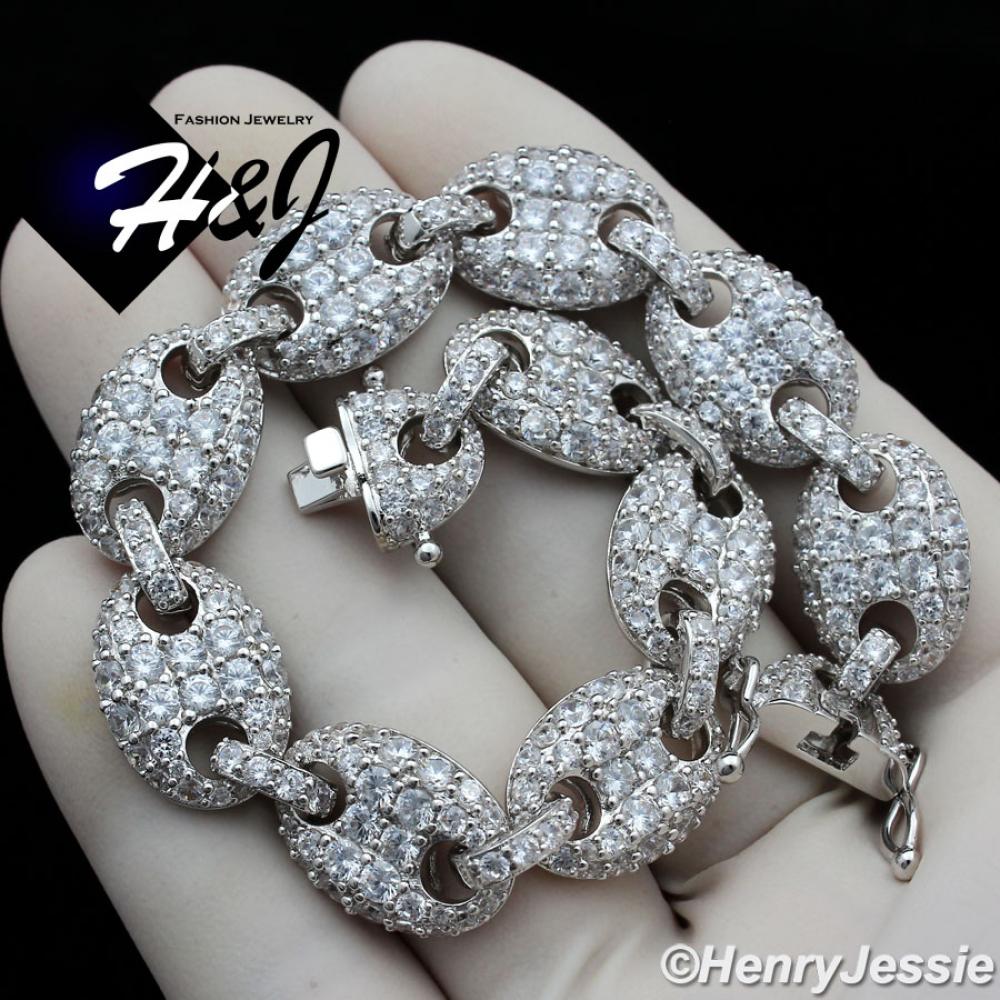 8.5"MEN 14K WHITE GOLD FINISH 12MM LAB DIAMOND ICED SILVER MARINER GUCCI LINK BRACELET*BB8