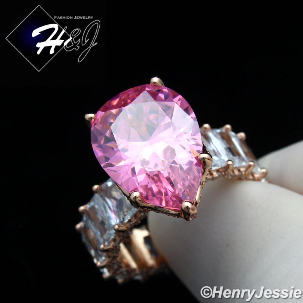 WOMEN 925 STERLING SILVER PINK PEAR SHAPED FULL BLING CZ ROSE GOLD ENGAGEMENT RING*RGR129