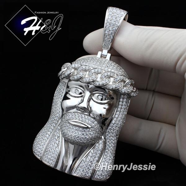 MEN 14K WHITE GOLD FINISH LAB DIAMOND OVERSIZE ICED SILVER 3D JESUS FACE PENDANT*BP6