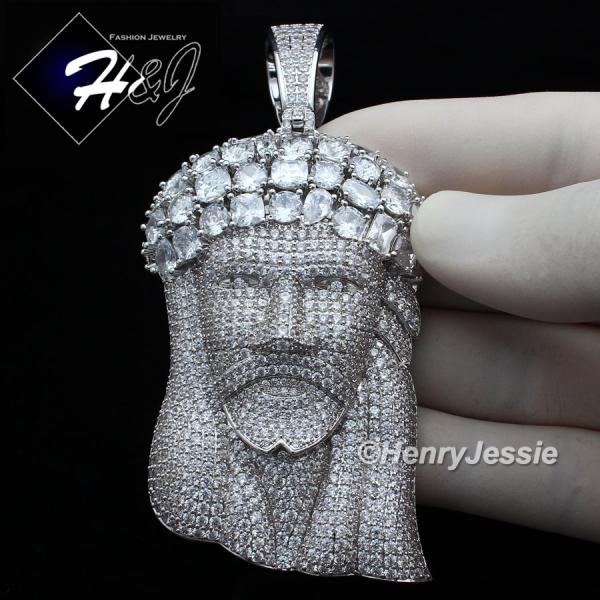 MEN 14K WHITE GOLD FINISH FULL LAB DIAMOND OVERSIZE ICED SILVER 3D JESUS FACE PENDANT*BP7