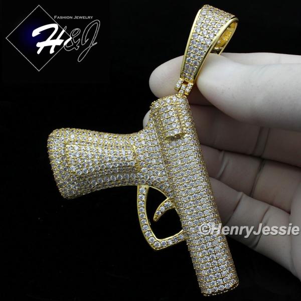 MEN 14K GOLD FINISH LAB DIAMOND OVERSIZE ICED GOLD 3D GUN PENDANT*BGP8