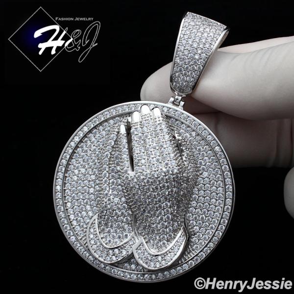 MEN 14K WHITE GOLD FINISH LAB DIAMOND OVERSIZE ICED SILVER PRAYING HANDS ROUND PENDANT*BP9