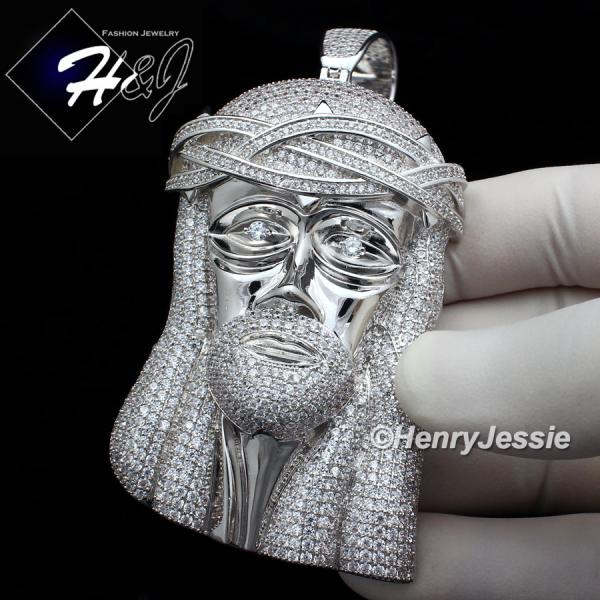 MEN 14K WHITE GOLD FINISH LAB DIAMOND OVERSIZE ICED SILVER 3D JESUS FACE PENDANT*BP2