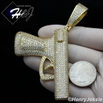 MEN 14K GOLD FINISH LAB DIAMOND OVERSIZE ICED GOLD 3D GUN PENDANT*BGP8