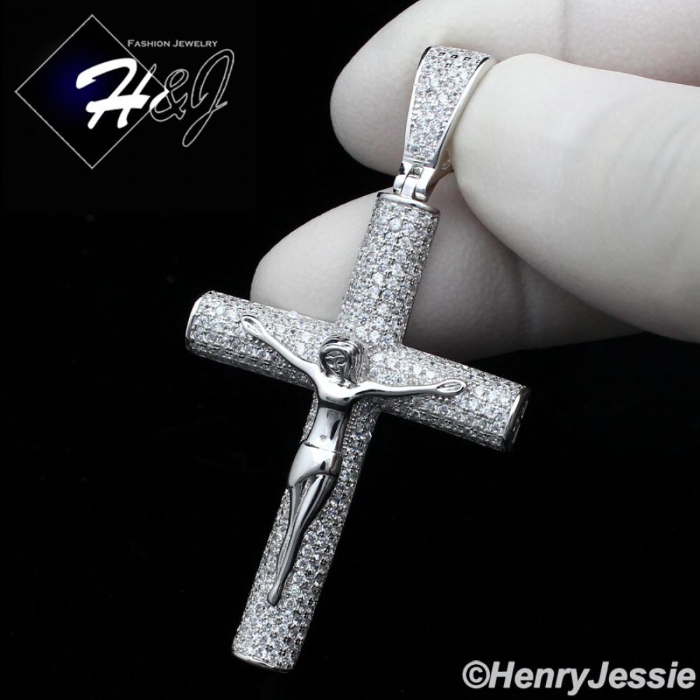 MEN 925 STERLING SILVER LAB DIAMOND ICY BLING SILVER JESUS CROSS CHARM PENDANT*SP230