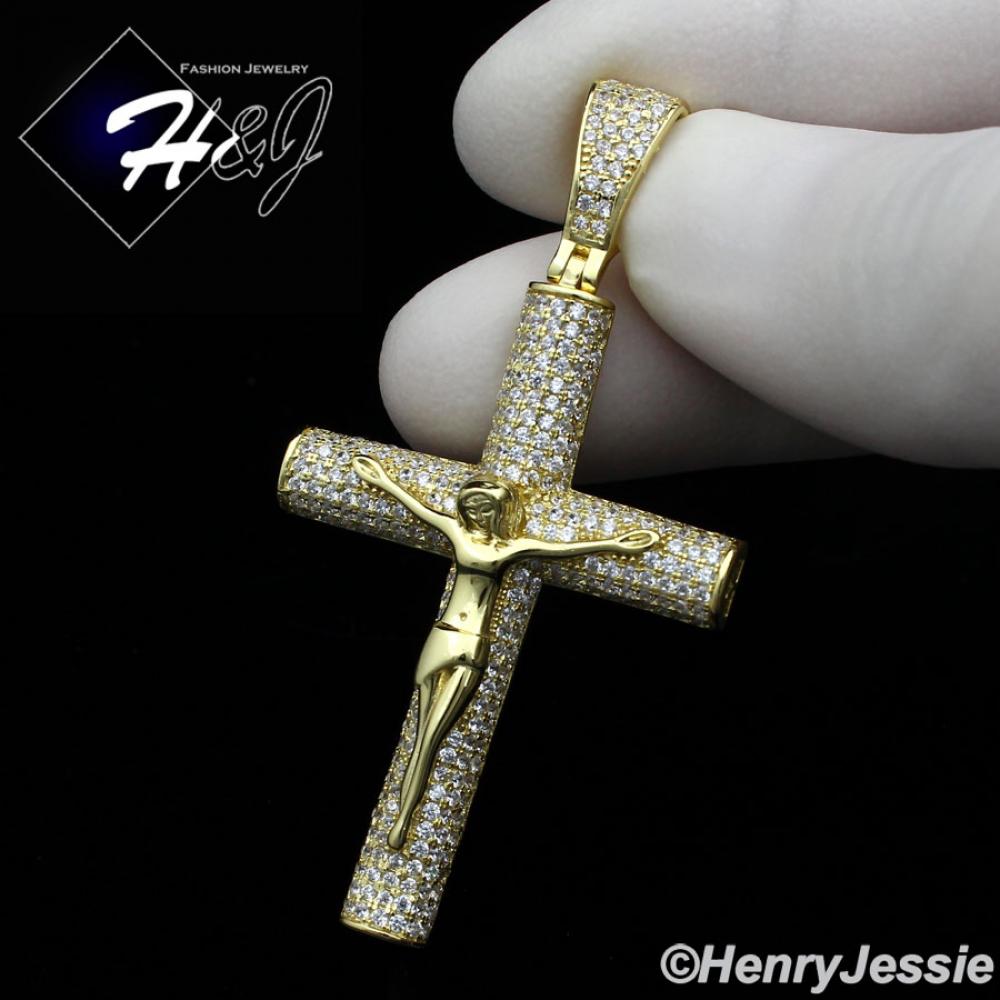 MEN 925 STERLING SILVER LAB DIAMOND ICY BLING GOLD JESUS CROSS CHARM PENDANT*GP230