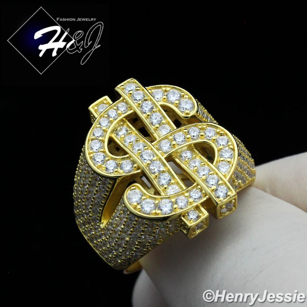 MEN 925 STERLING SILVER LAB DIAMOND ICED BLING GOLD $ DOLLAR SIGN RING*GR133