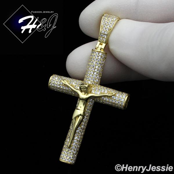 MEN 925 STERLING SILVER LAB DIAMOND ICY BLING GOLD JESUS CROSS CHARM PENDANT*GP230