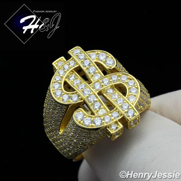 MEN 925 STERLING SILVER LAB DIAMOND ICED BLING GOLD $ DOLLAR SIGN RING*GR133