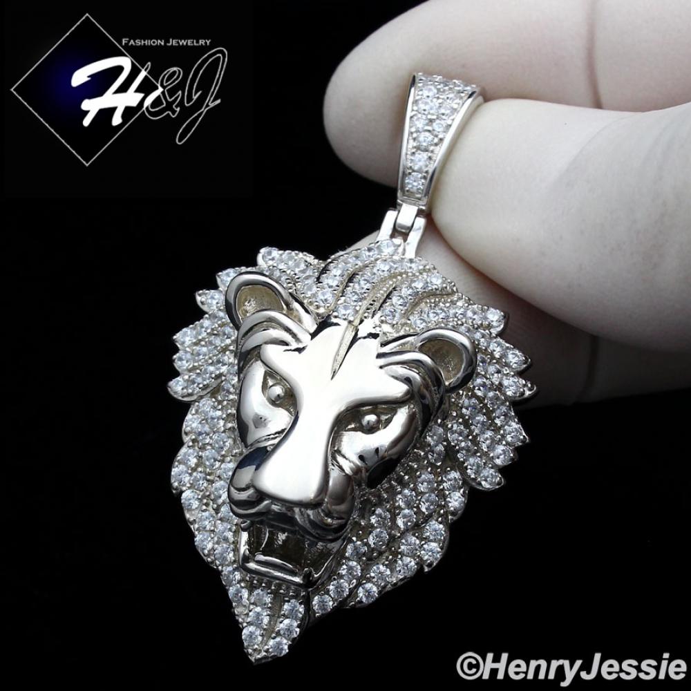 MEN 925 STERLING SILVER ICY LAB DIAMOND SILVER 3D LION KING HEAD PENDANT*SP264