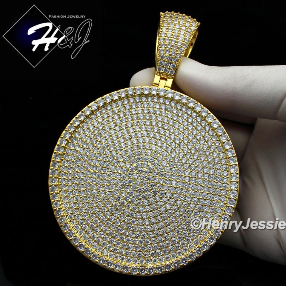 MEN 14K GOLD FINISH LAB DIAMOND OVERSIZE HEAVY ICED GOLD ROUND CHARM PENDANT*BGP11