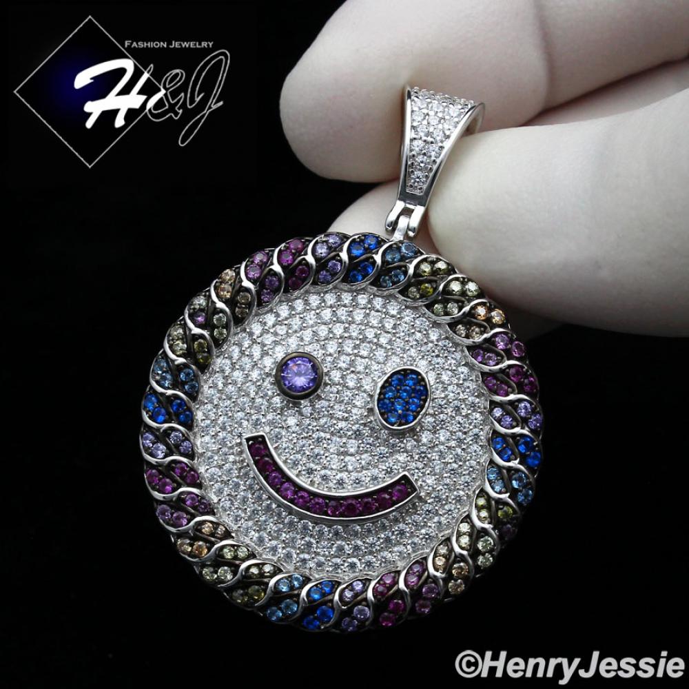 MEN WOMEN 925 STERLING SILVER FULL ICY COLORED CZ HAPPY FACE ROUND PENDANT*SP266