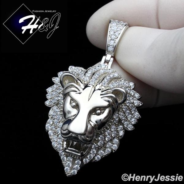 MEN 925 STERLING SILVER ICY LAB DIAMOND SILVER 3D LION KING HEAD PENDANT*SP264