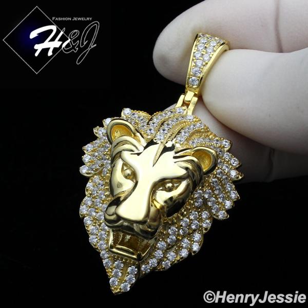 MEN 925 STERLING SILVER ICY LAB DIAMOND GOLD 3D LION KING HEAD PENDANT*GP264