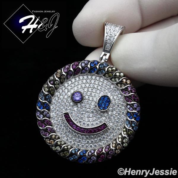 MEN WOMEN 925 STERLING SILVER FULL ICY COLORED CZ HAPPY FACE ROUND PENDANT*SP266